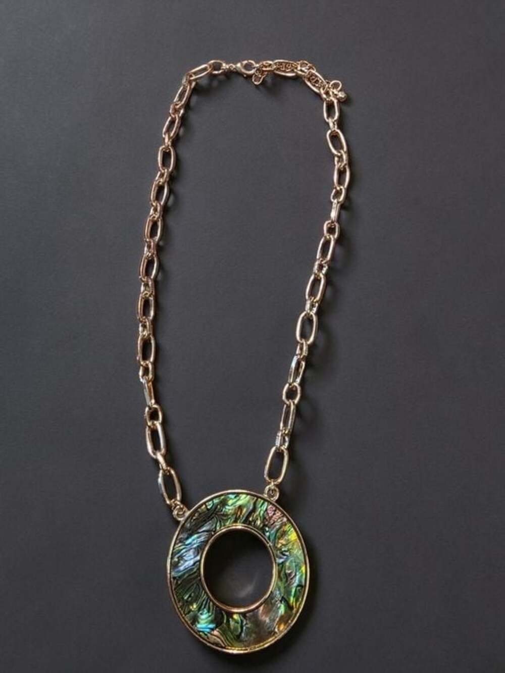 Gold Abalone Shell Circle Pendant Link Necklace